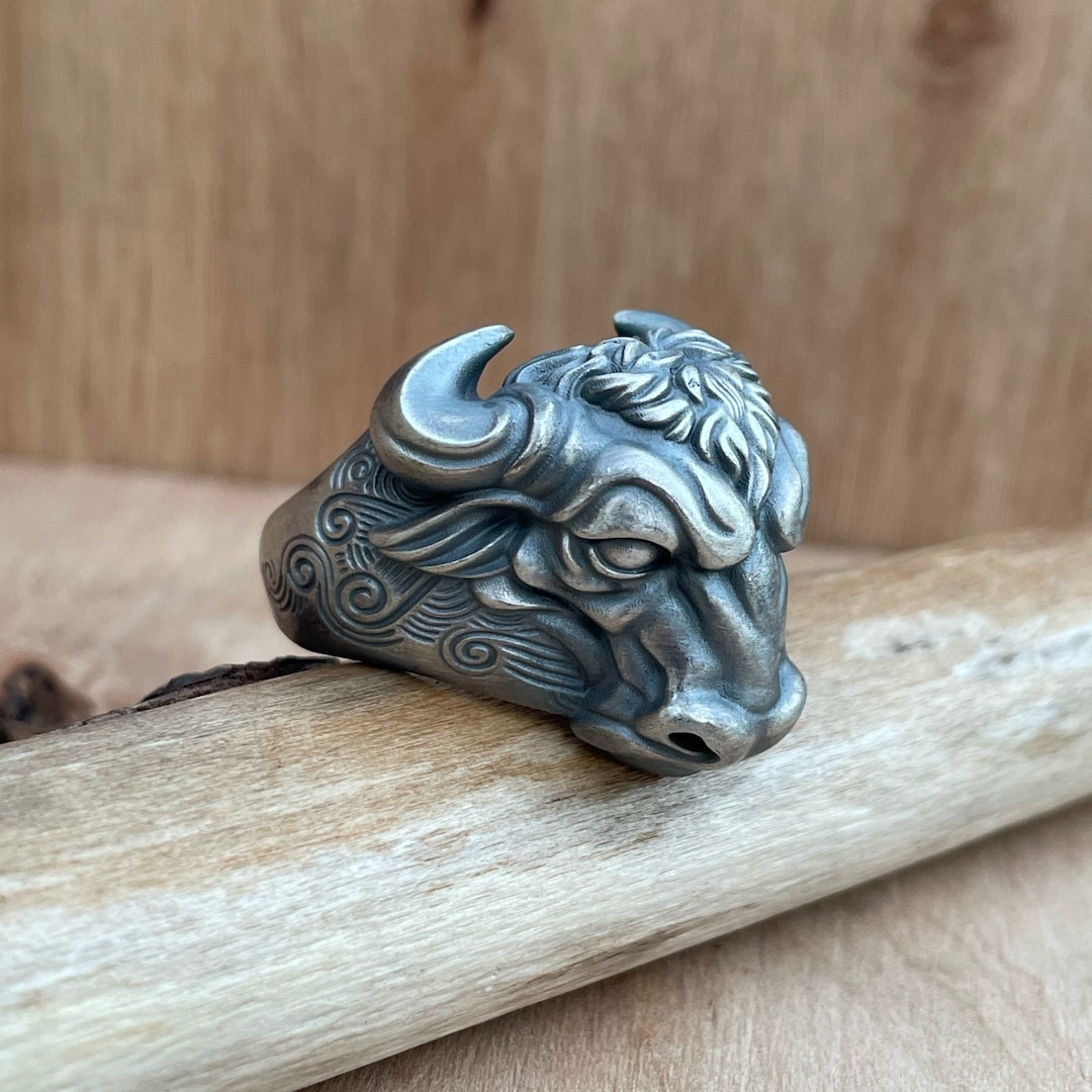 Silver Taurus Ring Mens Bull Head Ring 925k Sterling Minotaur Unique