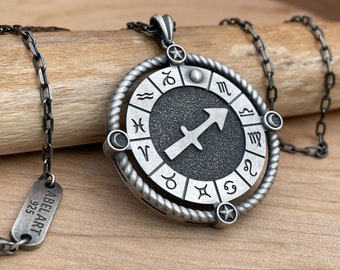Sagittarius Zodiac Necklace – 925 Sterling Silver Pendant with Horoscope Symbols – Handmade Astrological Jewelry Gift