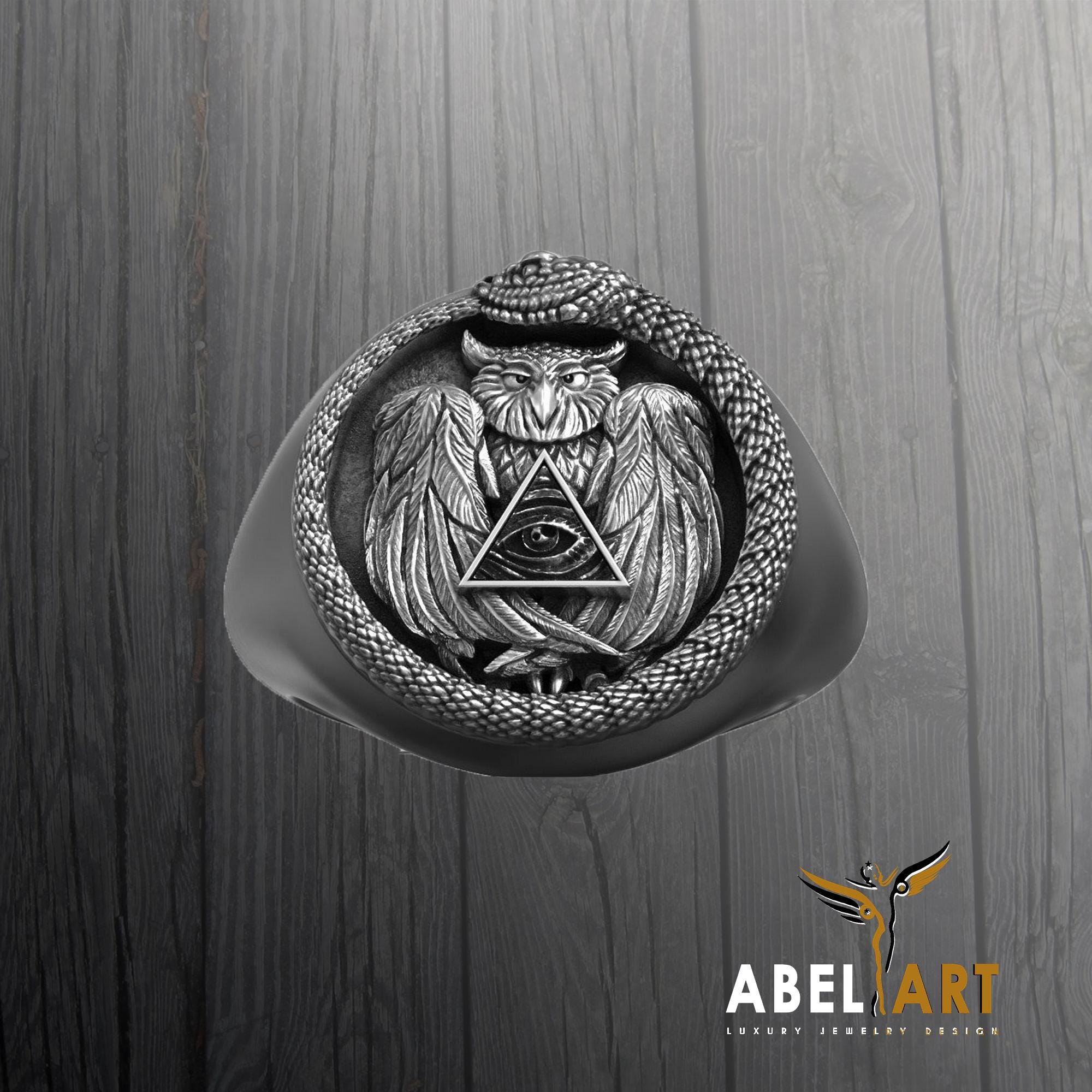 Ouroboros Owl Signet Ring: Sterling Silver Illuminati Symbol Jewelry