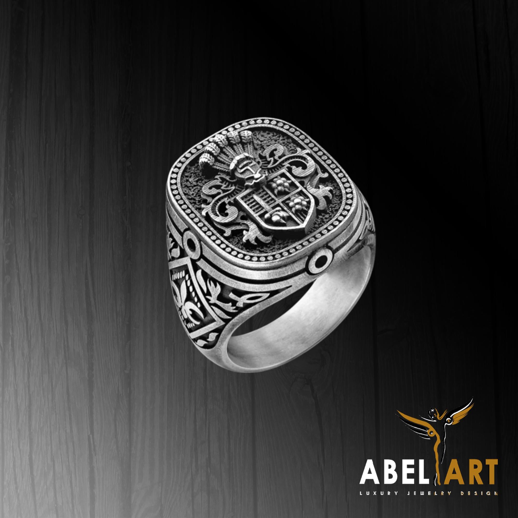 Custom Family Crest Signet Ring: Oxidized Sterling Silver Coat of