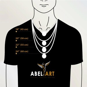 May include: Diagram showing necklace lengths: 18 inches (45 cm), 20 inches (50 cm), 22 inches (55 cm), and 24 inches (60 cm). The image includes the Abel Art logo, a luxury jewelry design brand.