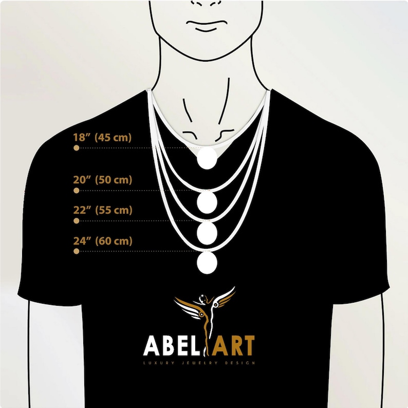 May include: Diagram showing necklace lengths: 18 inches (45 cm), 20 inches (50 cm), 22 inches (55 cm), and 24 inches (60 cm). The image includes the Abel Art logo, a luxury jewelry design brand.