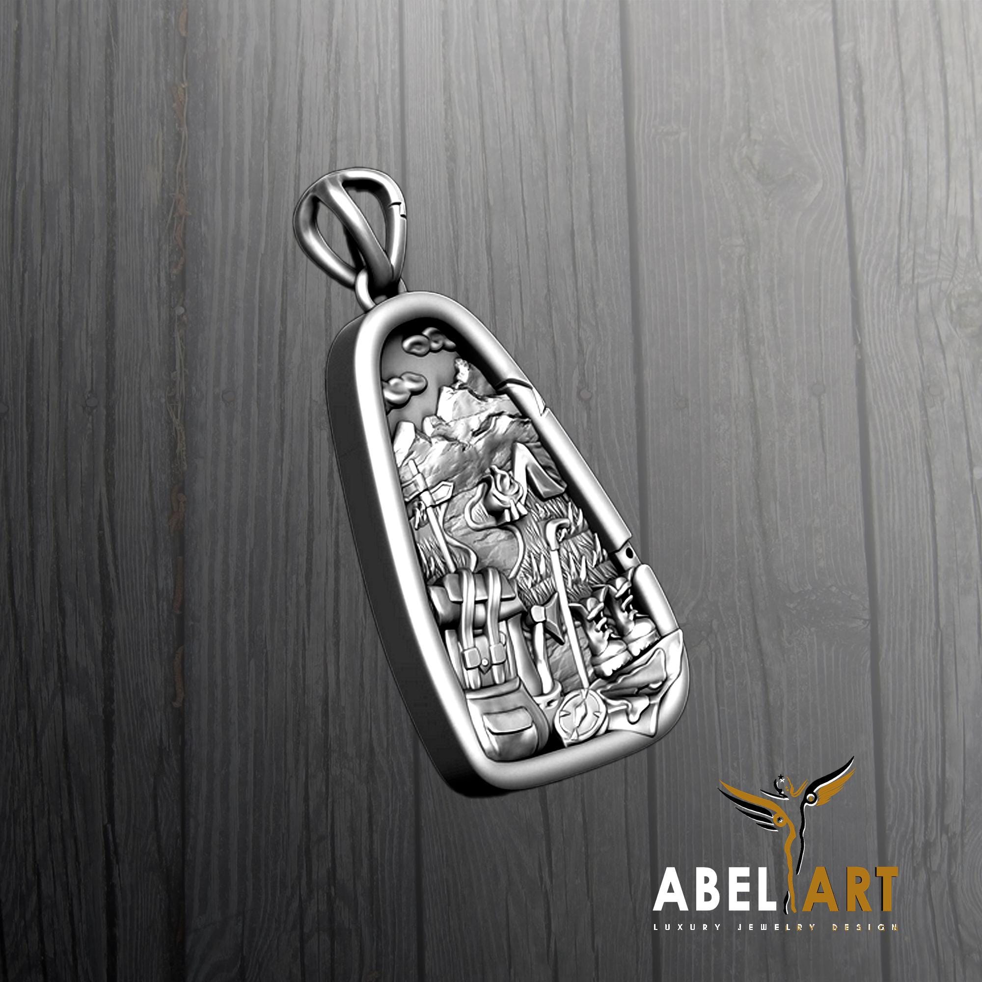 Hiker Pendant Necklace – 3D Mountain Landscape Charm for Adventurers – Sterling Silver Traveller Jewelry – Nature Gift for Him or Her