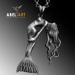 Mermaid Siren Charm – Oxidized Sterling Silver Pendant – Mythical Sea Goddess Jewelry for Women