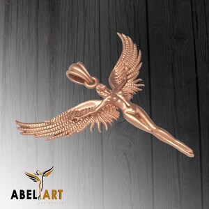 May include: A rose gold pendant featuring a detailed sculpture of an angel with outstretched wings.