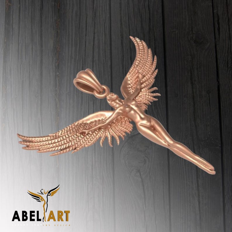 May include: A rose gold pendant featuring a detailed sculpture of an angel with outstretched wings.