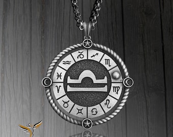 Libra Handmade Sterling Silver Men Charm Necklace Gift for her, Libra Zodiac Sign Men Jewelry, Astrology Pendant, Horoscope Birthday Gift