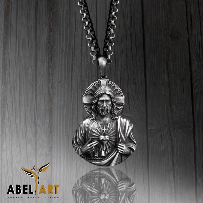 Sterling Silver Sacred Heart Jesus Pendant - Christian Necklace - Etsy