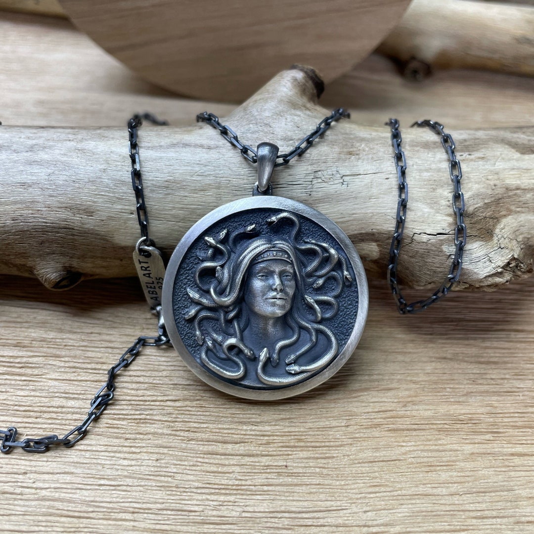 Sterling Silver Medusa Pendant: Engraved Greek Mythology Necklace