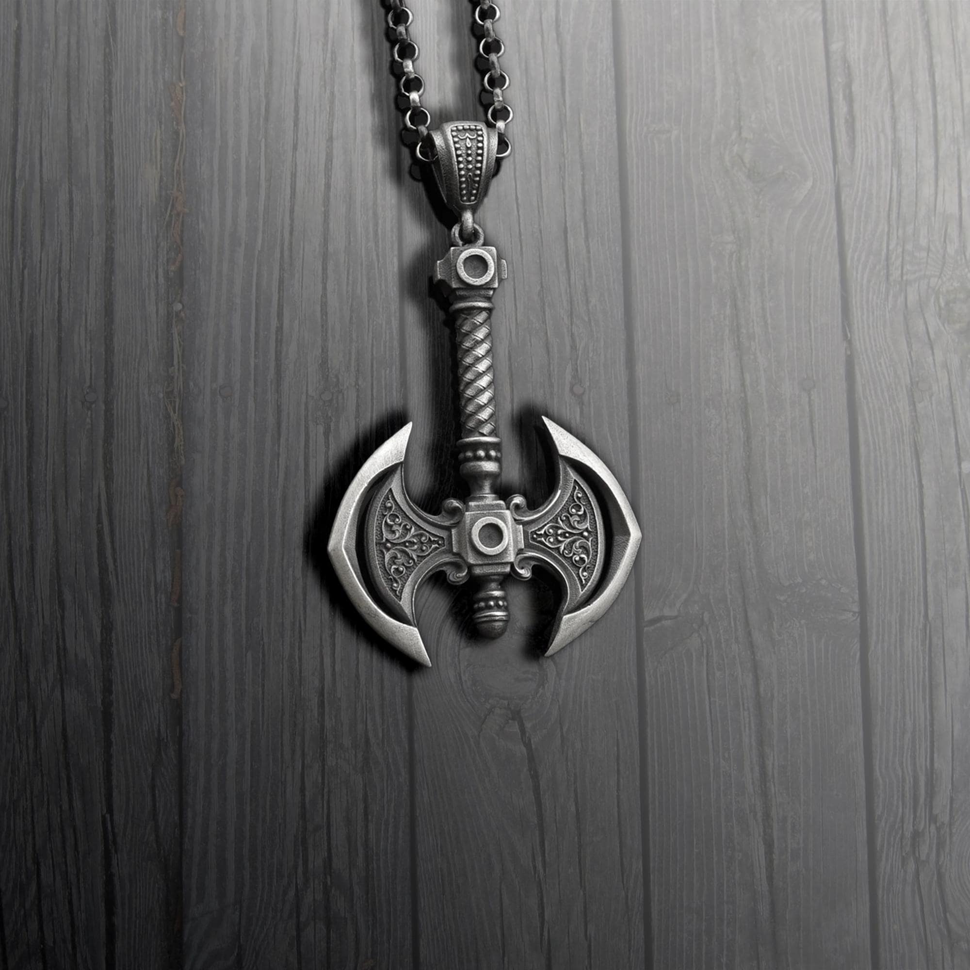 アクセサリー Drhiluluk Oxidized Sterling Silver Double Axe Pendant: Handmade Viking