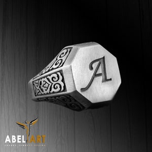 Anillo con inicial de plata de ley 925, regalo para novio, anillo con inicial personalizado, anillo con sello de letra de plata único para hombre, regalo para él