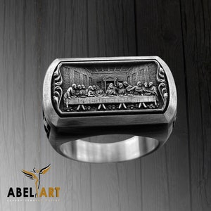 Jesus Christ The Last Supper Leonardo Pattern Signet Ring, Last Supper Handmade Sterling Silver Men Ring, Cristian Anniversary Gift Him