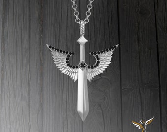 Handmade Sterling Silver Angel Winged Sword Necklace with Zircon