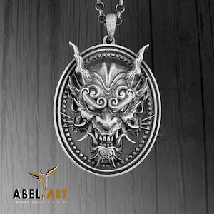 Japanese Oni Mask Necklace – 925 Sterling Silver Demon Pendant – Handcrafted Samurai Spirit Jewelry for Men