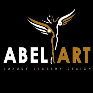 May include: Black background with the words "ABEL ART" in white and gold. A stylized figure with outstretched wings is above the text. The words "LUXURY JEWELRY DESIGN" are below the main text in gold.