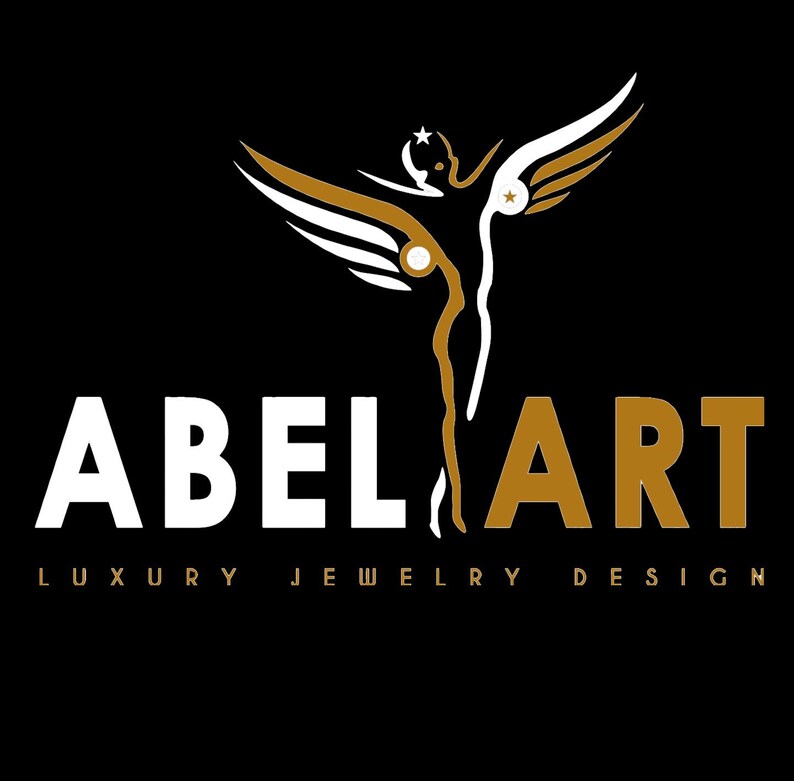 May include: Black background with the words "ABEL ART" in white and gold. A stylized figure with outstretched wings is above the text. The words "LUXURY JEWELRY DESIGN" are below the main text in gold.