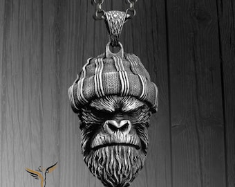 Colgante de gorila de plata - Collar de simio para hombre - Regalo de amuleto de gorila enojado de ley de 925 k para novio y esposo Joyería única para hombres Regalo para él