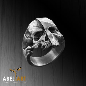 Geometric Skull Biker Ring For Men in Silver, Gothic Biker Ring For Men in Oxidized Silver,Punk Style Ring, Extraordinary Ring For Boyfriend