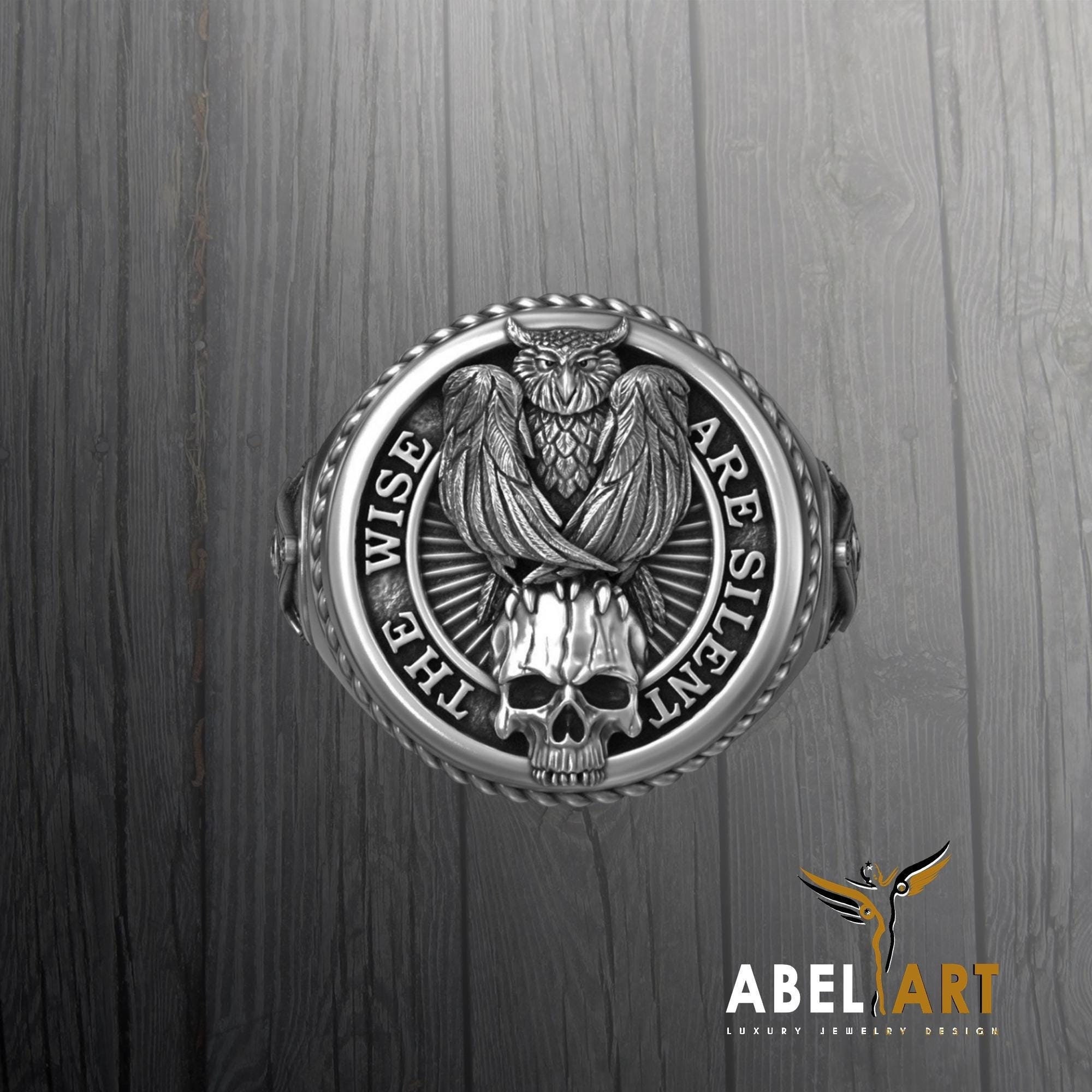 Owl Skull Mason Square Compass Ring, Illuminati Symbol, Vintage Owl Skull Illuminati Symbol Jewelry,