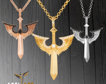Sterling Silver Angel Winged Sword Necklace: Zircon Stone Pendant