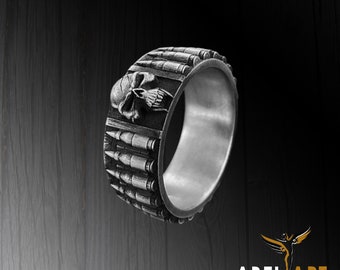 Bandolier Bullet Band Soldier Silver Bullet Anillo de bodas para hombres, Anillo de boda inspirado en el soldado, Anillo de compromiso moderno para los amantes de las armas