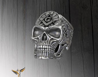 Sterling Silver Masonic Skull Ring: Freemason Master Mason Jewelry
