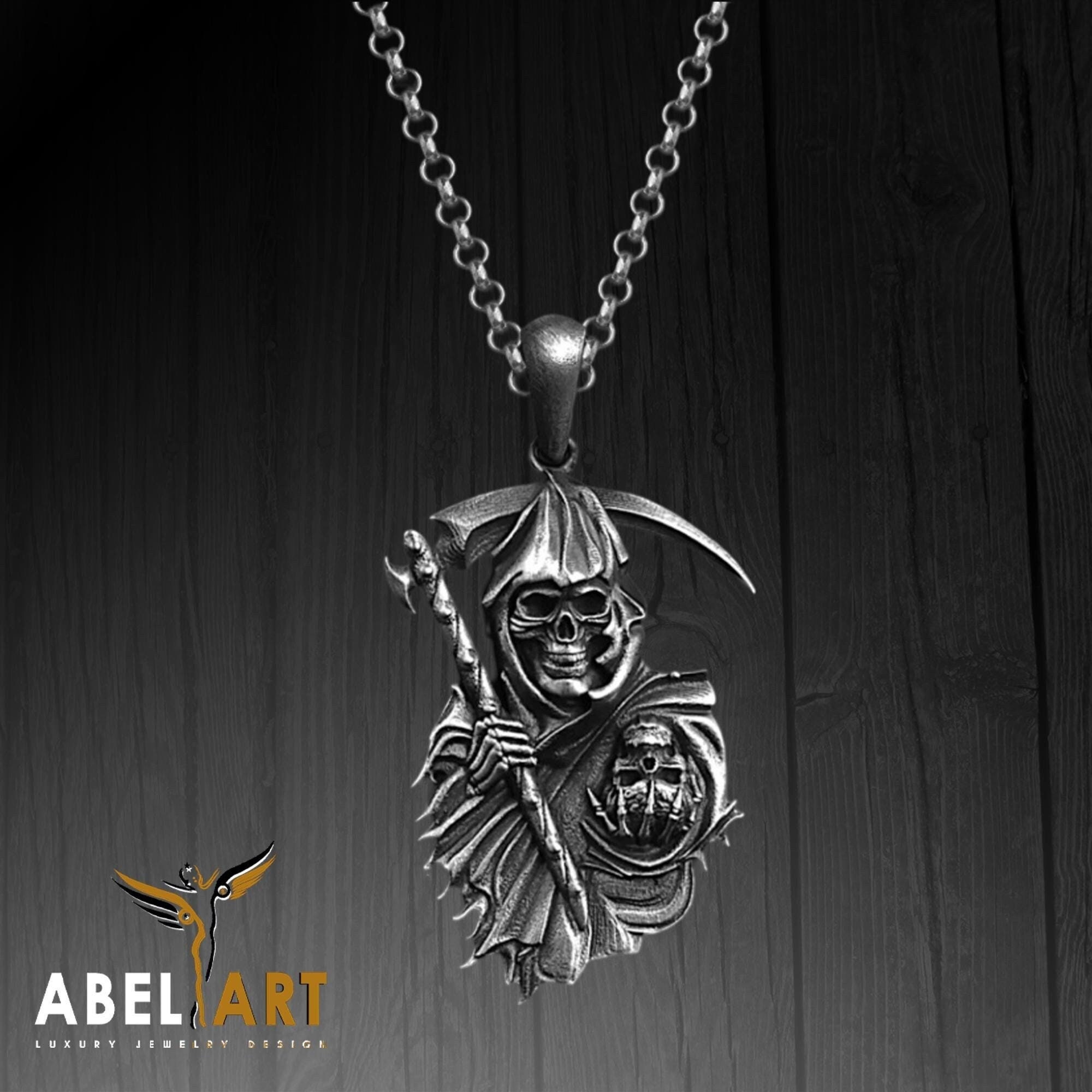 Oxidized Sterling Silver Grim Reaper Necklace: Gothic Skull 