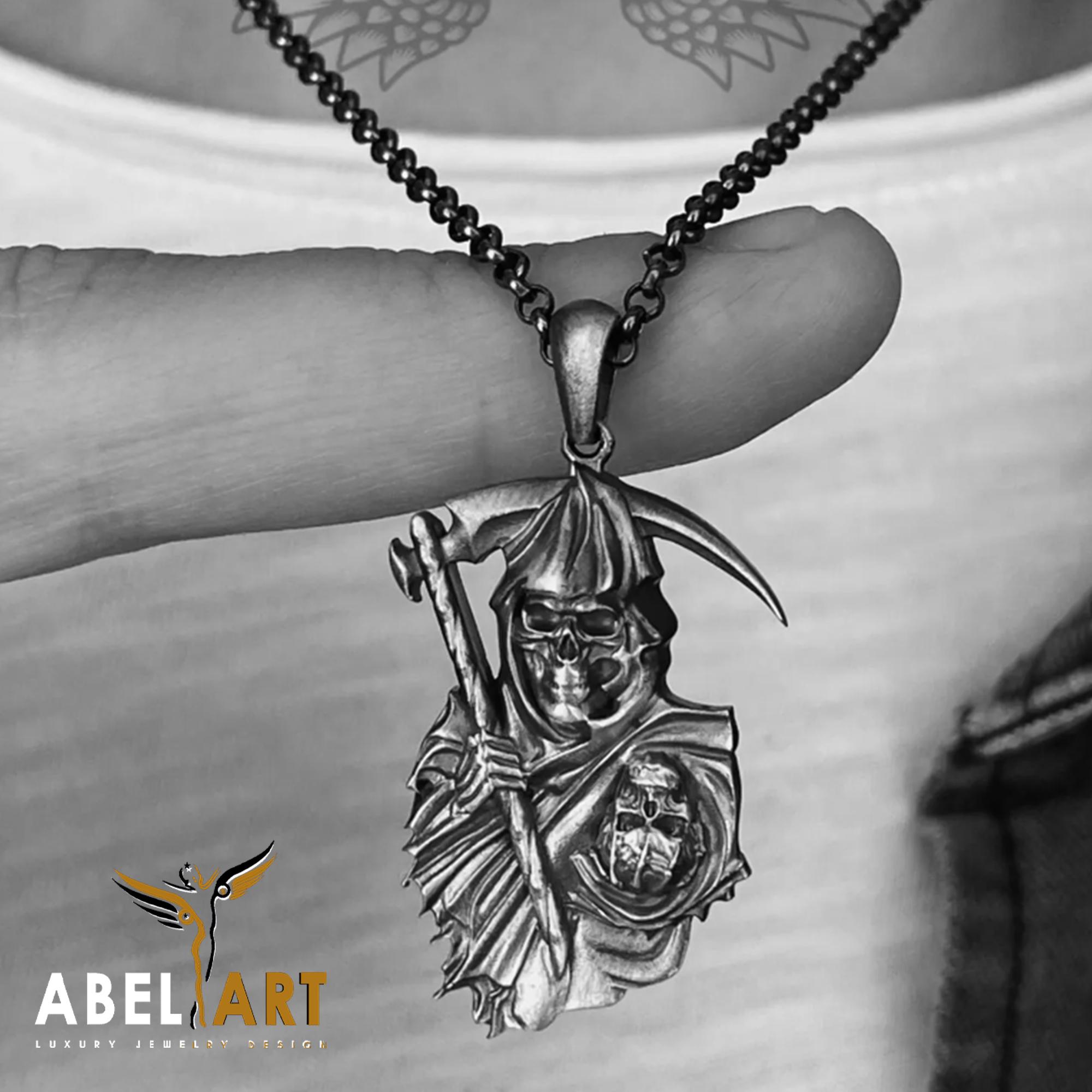 Oxidized Sterling Silver Grim Reaper Necklace: Gothic Skull