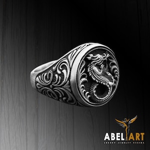 Chinese Dragon Mens Signet Silver Ring For Men&#39;s, Engraved Gothic Ring in Sterling Silver, Fantasy Ring For Best Friend, Mystical Ring Gift