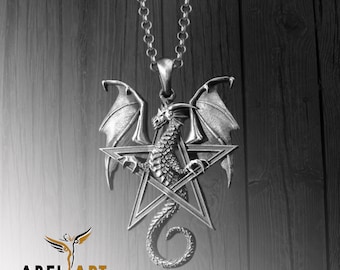 Dragon Pentagram Pendant - Mens Pentagram Necklace - 925k Sterling Dragon Amulet Gift For Boyfriend & Husband Unique Mens Jewelry Gift Him