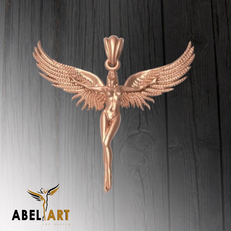 May include: A rose gold pendant necklace featuring a detailed sculpture of a winged angel with outstretched arms.