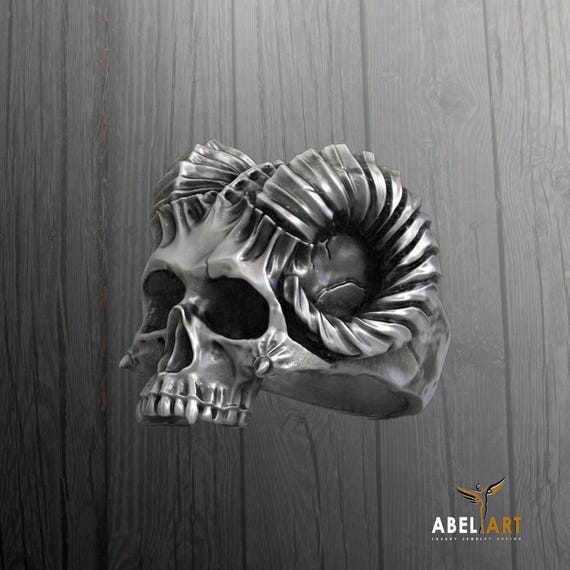Baroque Carved Sterling Silver Skull Horn Ring: Lucifer Devil Ram