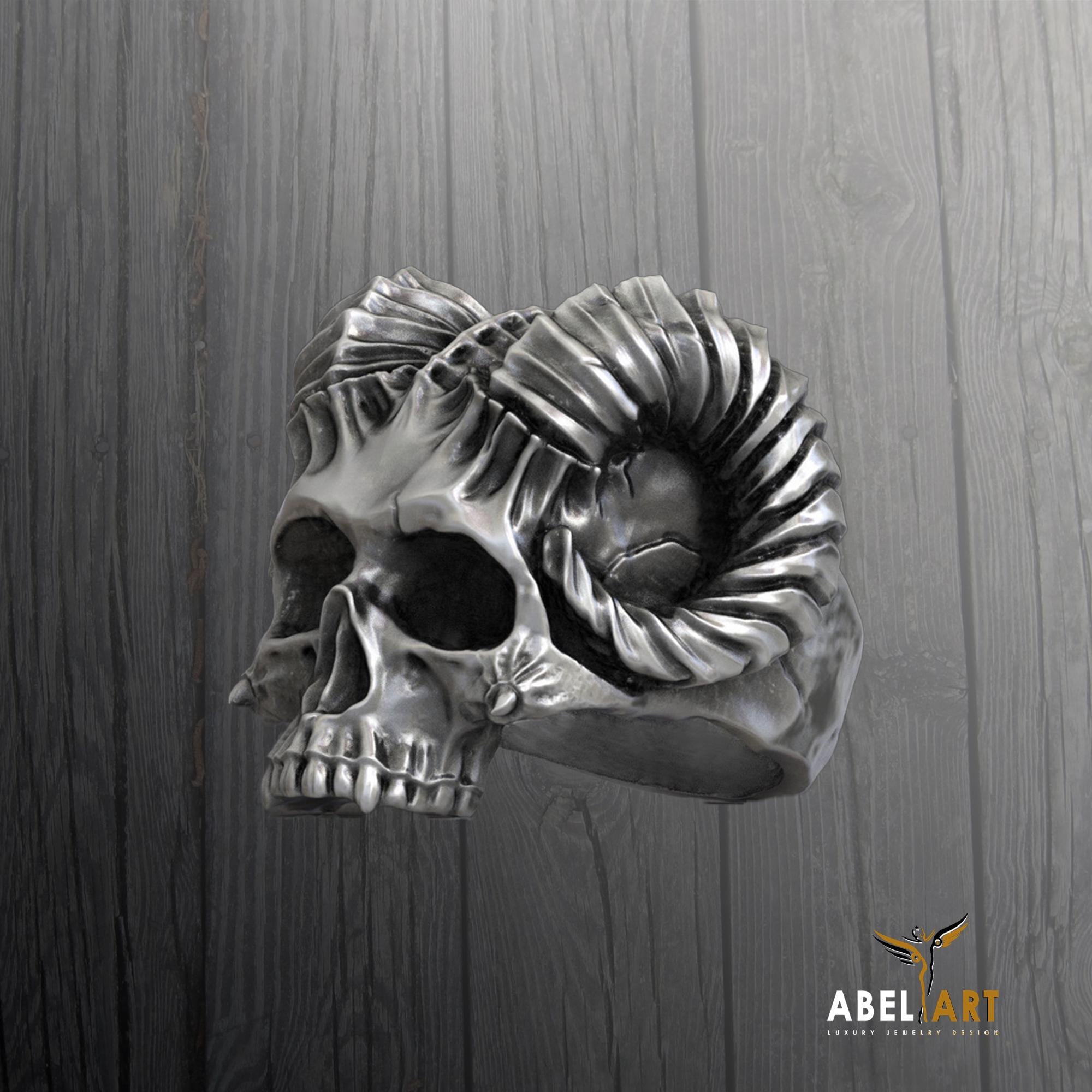 Baroque Carved Sterling Silver Skull Horn Ring: Lucifer Devil Ram