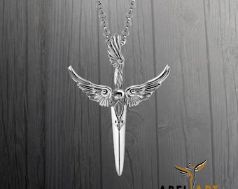 Sterling Silver Winged Sword Necklace: Enamel Pendant