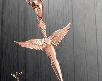 Rose Gold Angel Sword Pendant: 925 Sterling Silver Guardian Necklace