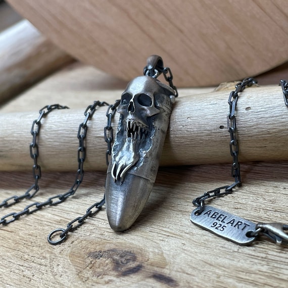 Skull Bullet Necklace – 925 Sterling Silver Punk Pendant for Men