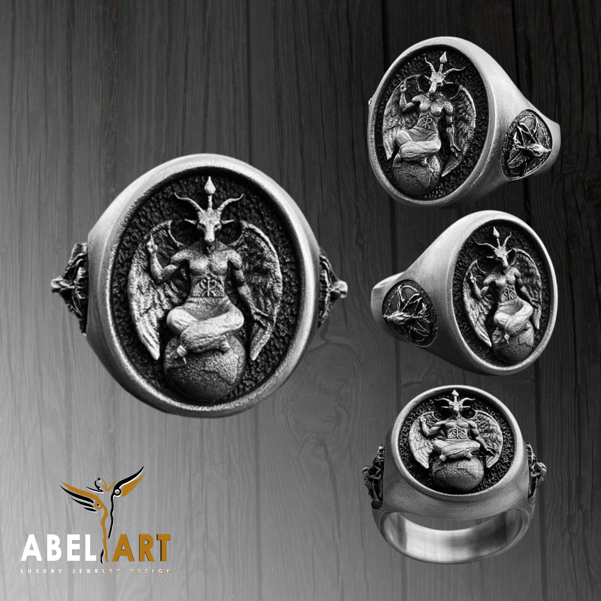 Baphomet Ring: 925 Sterling Silver Goat Head Satanic Pagan Jewelry 