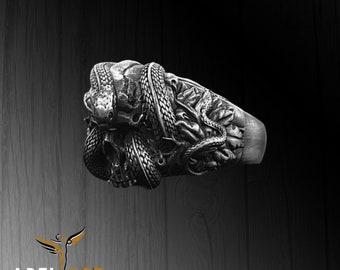 Sterlingzilveren slangenschedelring: gotische zegelring voor heren