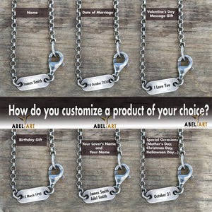 May include: A silver chain necklace with a customizable tag. The tag can be personalized with a name, date, or message. The necklace is shown with different examples of personalized tags, including "James Smith", "10 October 2020", and "I Love You".