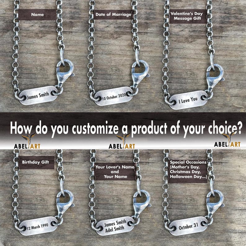 May include: A silver chain necklace with a customizable tag. The tag can be personalized with a name, date, or message. The necklace is shown with different examples of personalized tags, including "James Smith", "10 October 2020", and "I Love You".