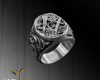 Master Mason hecho a mano plata de ley hombres anillo de sello, anillo de sello de símbolo masónico, símbolo masónico joyería de hombres de plata, anillo para hombres
