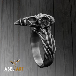 Raven Skull Ring for Men, 925 Sterling Silver Gothic Crow Ring, Dark Bird Skull Jewelry, Handmade Viking Raven Ring