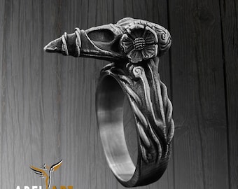 Handmade Sterling Silver Raven Skull Ring: Gothic Viking Jewelry