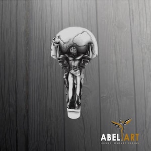 May include: A silver ring featuring a detailed sculpture of a figure holding a globe. The figure is standing on a base with intricate details. The ring is a statement piece with a unique design.