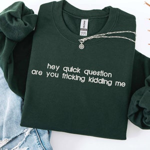 May include: A dark green sweatshirt with the text "hey quick question are you fricking kidding me" printed in white on the front.