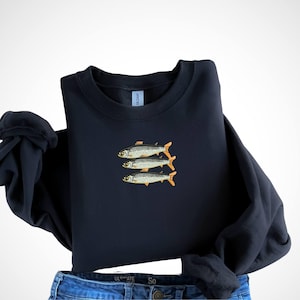 Geborduurd sweatshirt met sardines | Sweatshirt visser esthetisch-nautisch vis - op oceaan geïnspireerde kleding - gezellige kustsweater