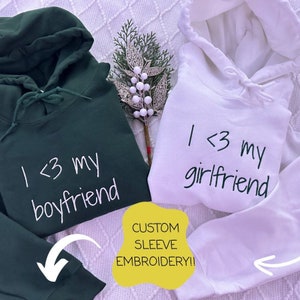 Embroidered I love My Girlfriend I Love MY Boyfriend Matching Hoodies Couples Hoodies Personalized Initials on Sleeves Couples Anniversaries