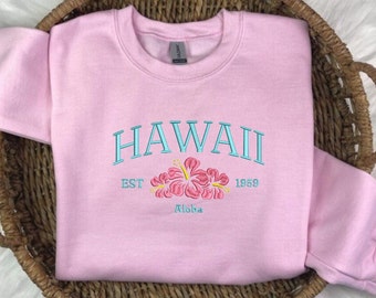 Embroidered Hawaii Sweatshirt: Aloha Hibiscus Unisex Crewneck