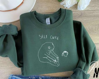 Embroidered Self Care Frog Crewneck: Retro Mental Health Sweatshirt
