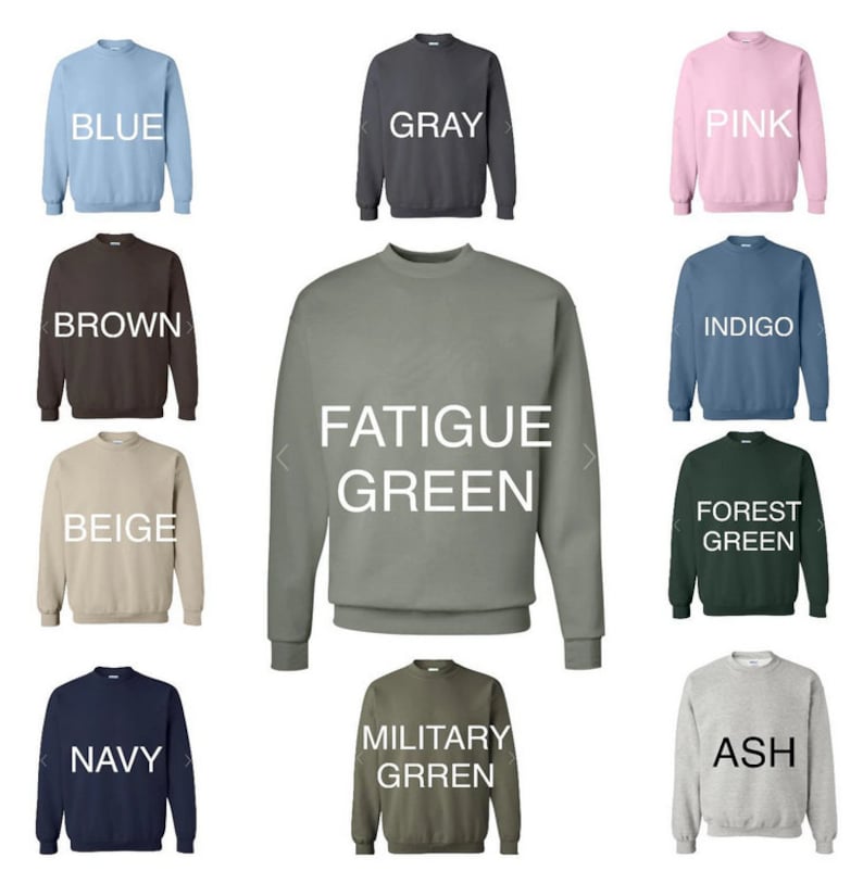 May include: A collage of 10 crewneck sweatshirts in various colors, including blue, gray, pink, brown, beige, navy, ash, forest green, fatigue green, and indigo. The sweatshirts are arranged in a grid pattern with the color name printed below each sweatshirt.